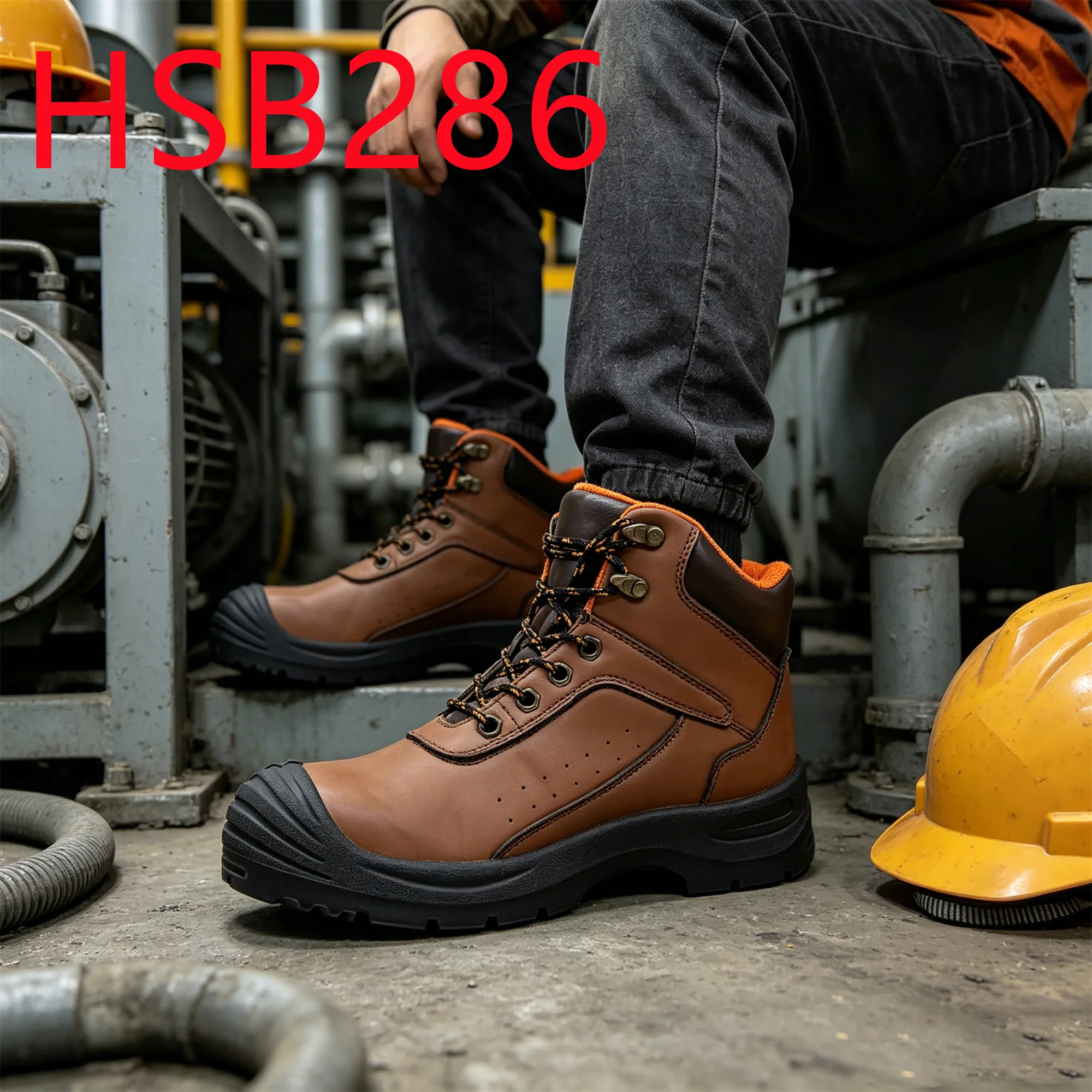 HY,Manufacturer Price Mid-cut Steel Toe Cap Insert Brown Safety Shoes One-piece Molded Unisex-Adults Work Boots for Sale HSB286