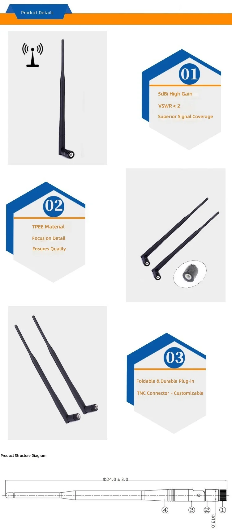 2G/3G/4G Full-Band External Foldable Antenna with Glue Stick Model WL-4GE242 5 DBi Gain for Male Pin/Male Socket