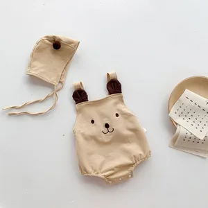 Summer Korean Version of Baby Jumpsuits for Boys and Girls Cute Bear Cartoon Sling Fart Clothes Romper with Hat