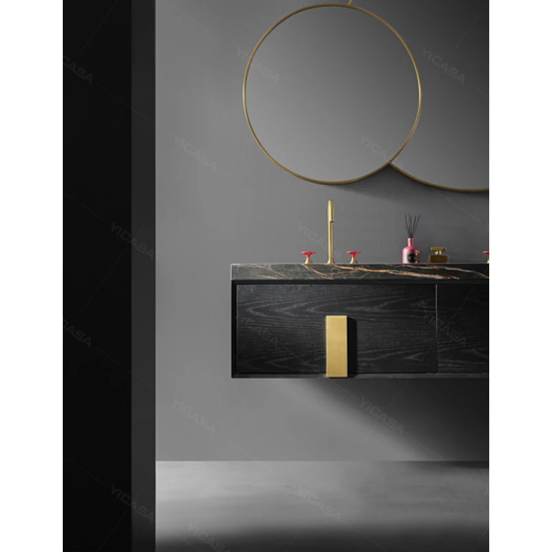 Роскошная тарелка из спеченного камня раковина для ванной комнаты латунная ручка твердый деревянный настенный шкаф со светодиодным зеркалом