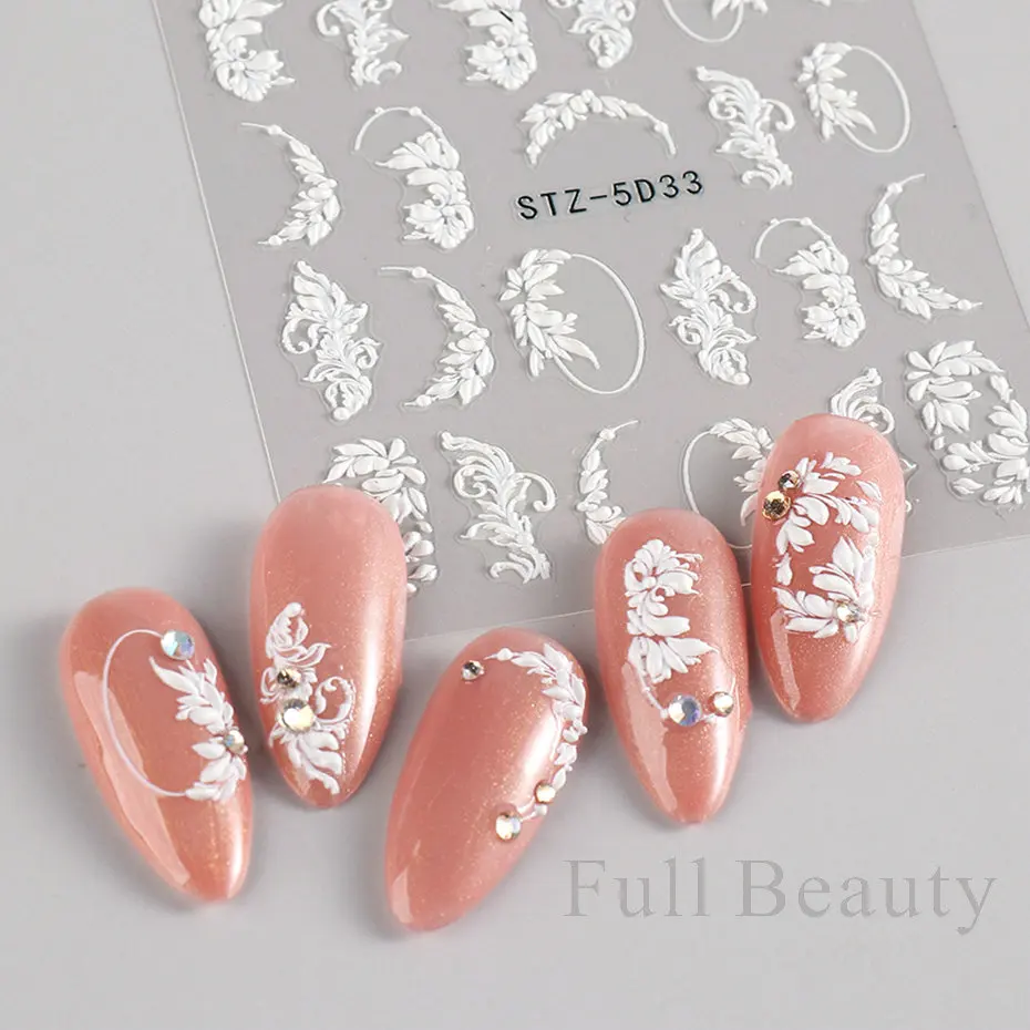 Full Beauty 5d Acrylic Flowers Nail Stickers White Lace Wedding Design