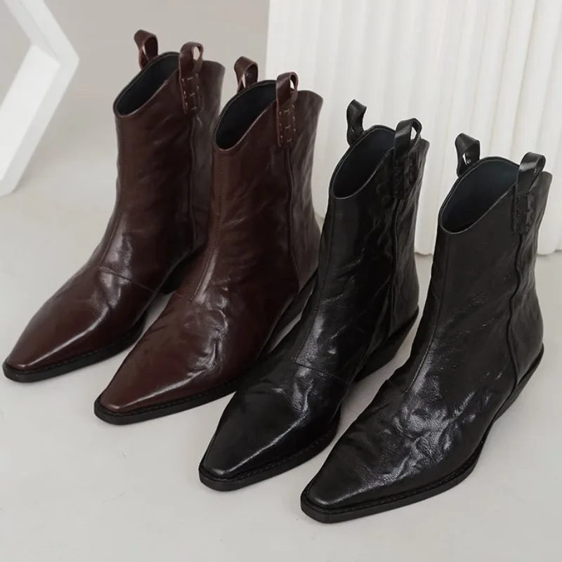 2024 New Style Leather Cowboy Western Boot Pointed Toe Thick Heel Chealsea Ankle Boots For Women - Image 2