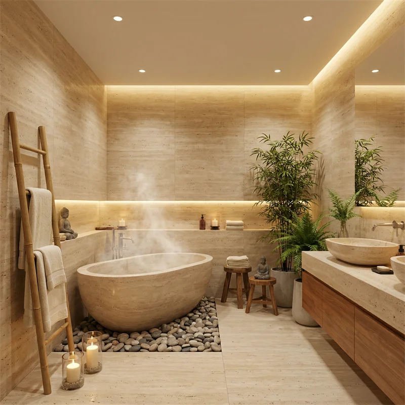 Natural Travertine Modern Polished Waterproof Wall Finish with 1 Year Warranty for Villa & Apartment Bathrooms