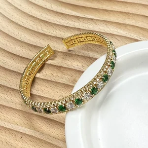 Two Row Rhinestones Open Bangle Women Wide Cuff Bracelets Luxury Glossy Glitter Gold Plated Fine Bracelets & Bangles