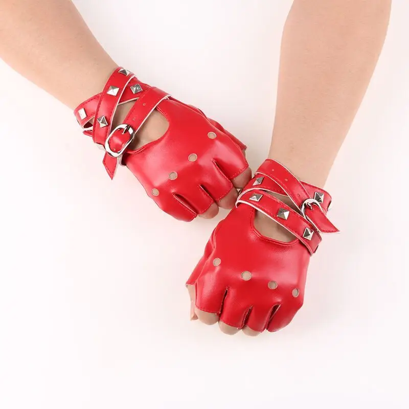 Wholesale Women Girls Punk Rivets Half Finger Gloves Faux Leather