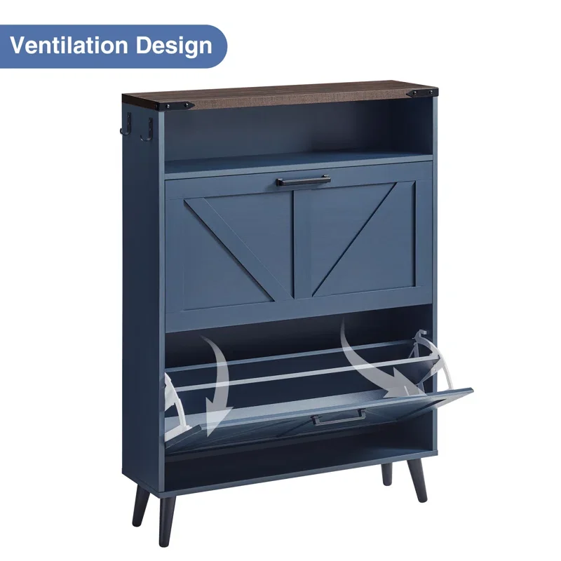 Shoe Cabinet Storage for Entryway,2 Flip Drawers,2 Tier Blue Shoe Cabinet Freestanding Wood Shoe Rack for Entryway
