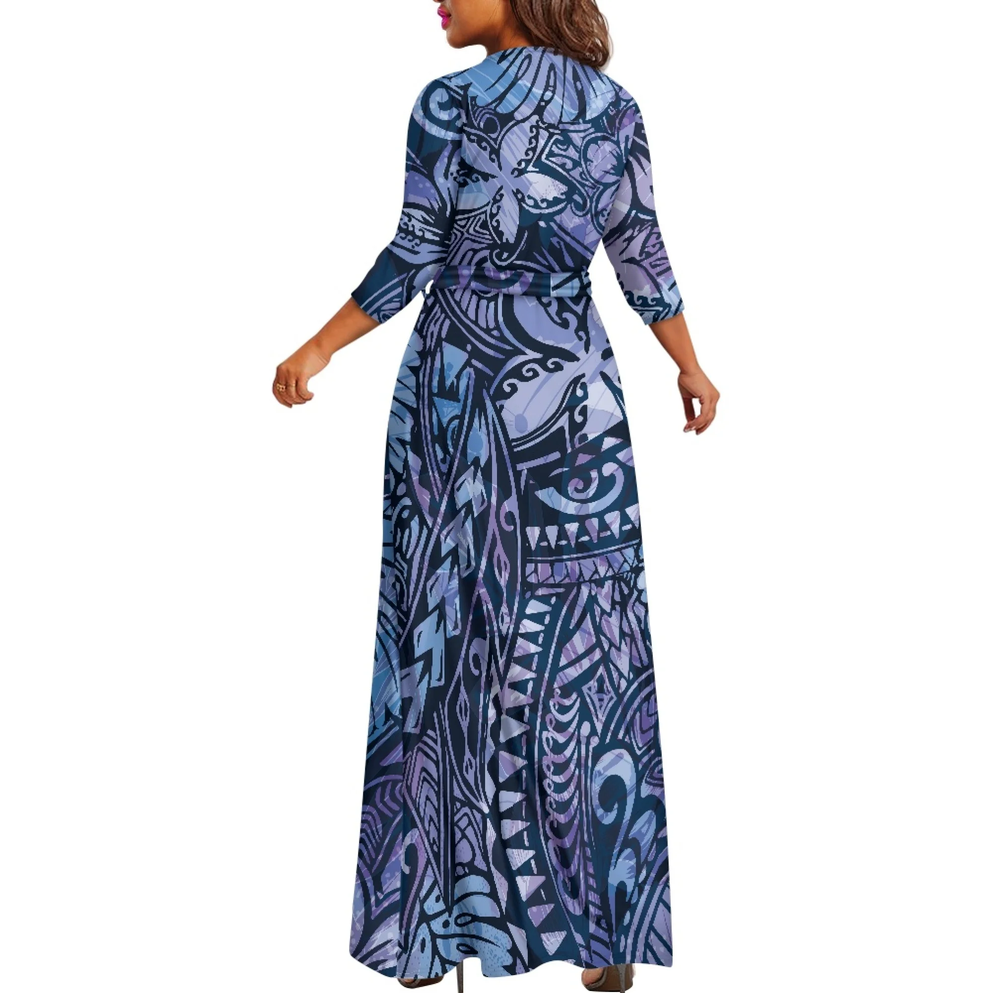 Gradient Blue Half Sleeve Dresses Elegant Women Polynesian Tribal Design  Customize Slim Luxury Samoan Island Print A-line Dress