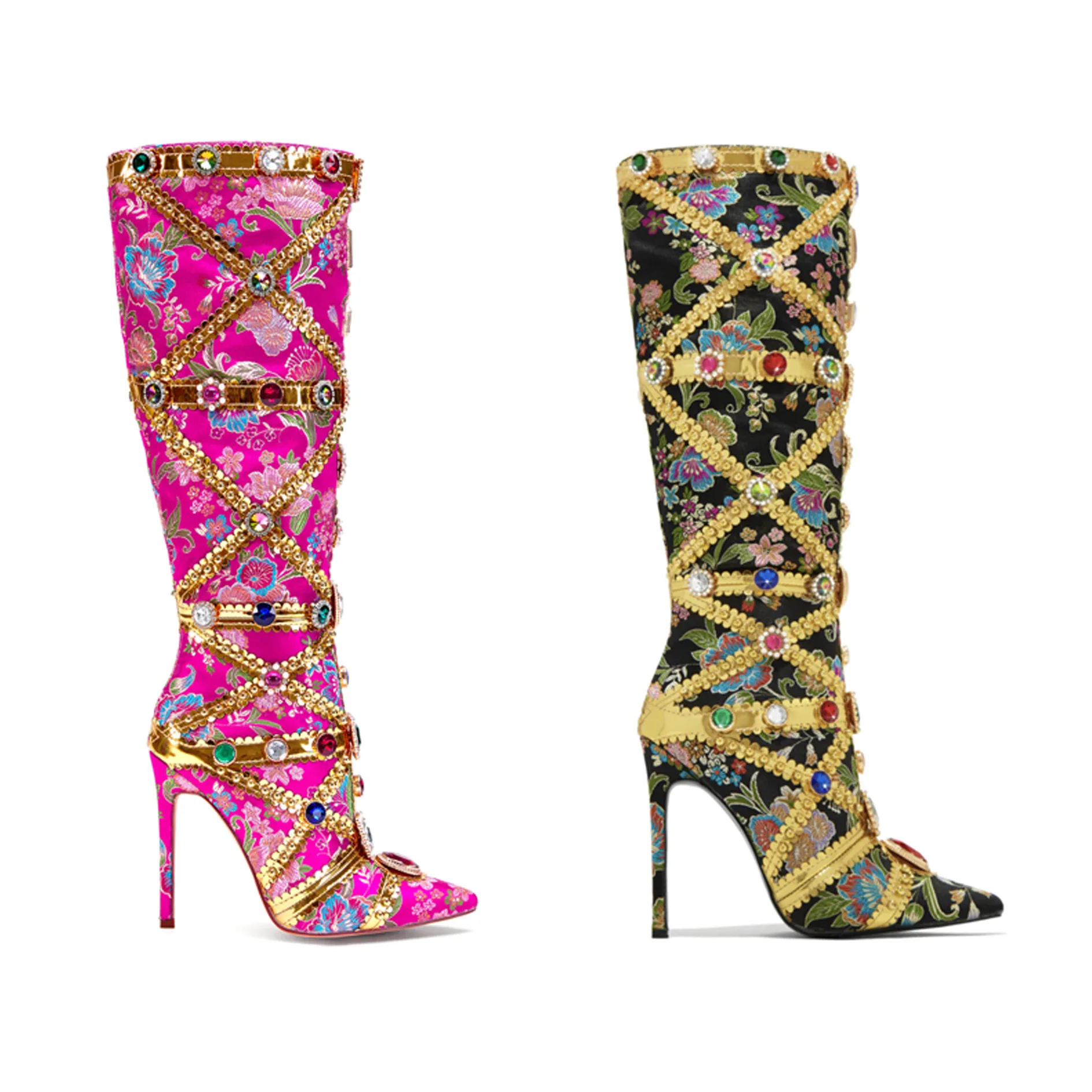 2023 Winter Color Diamond Women High Heel Wide Shaft Ladies Rhinestones Knee High Boots - Image 1