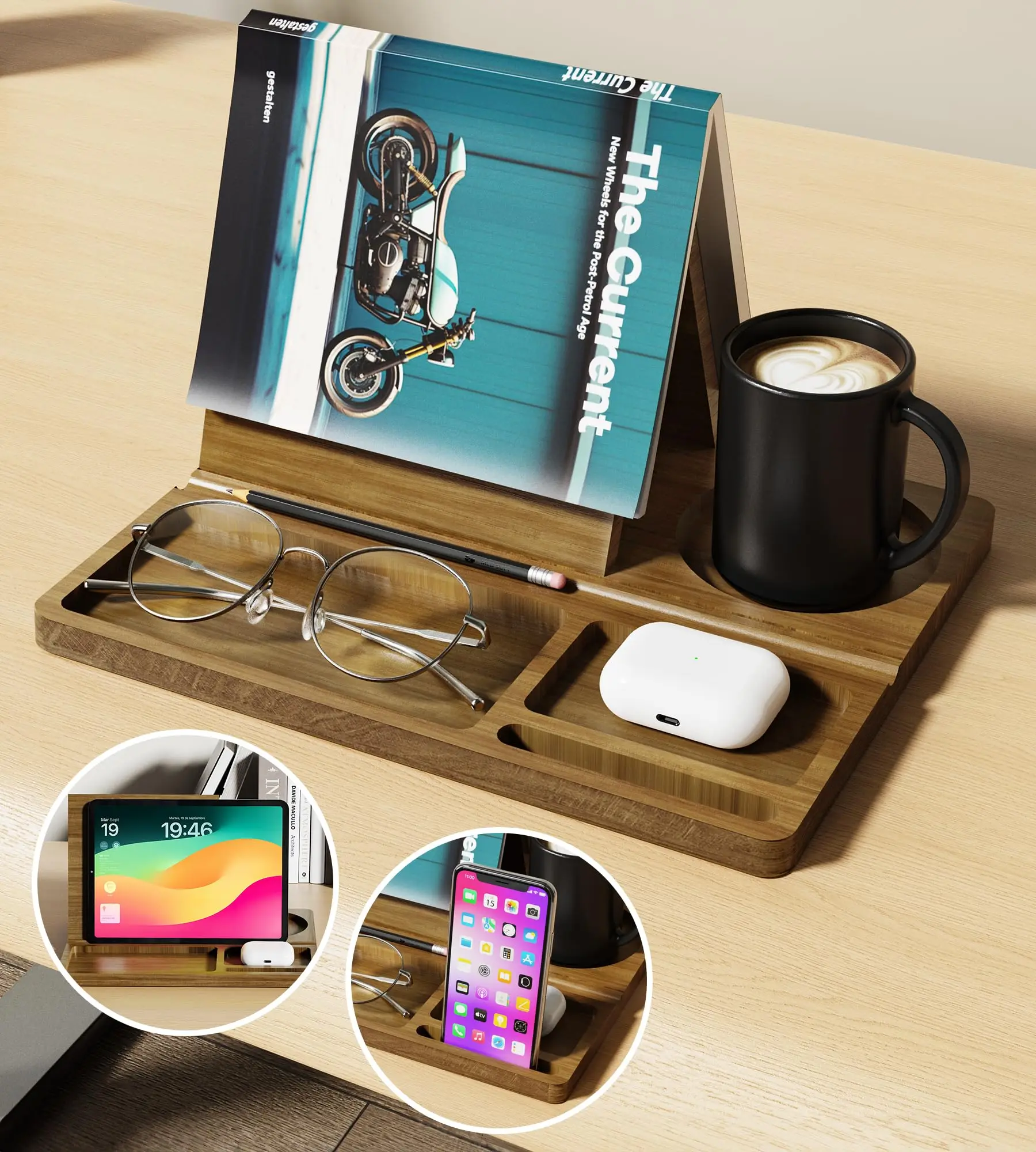 product book stand with cup holder storage slots desk organizer with detachable magnetic base book rest storage rack for home decor-2