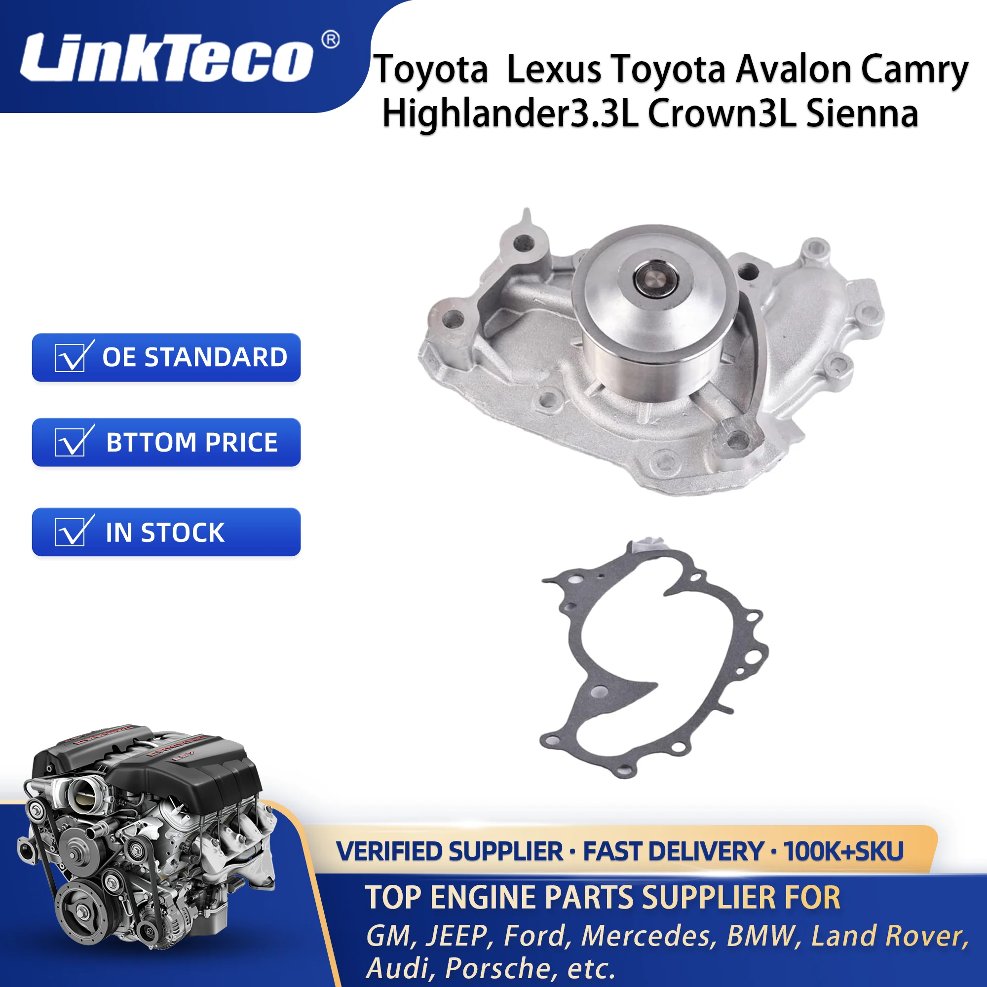 Linkteco Engine Water Pump for Select 94-10 Lexus ES300 Toyota Avalon Camry Highlander 3.3L Crown 3L Sienna 1610009070