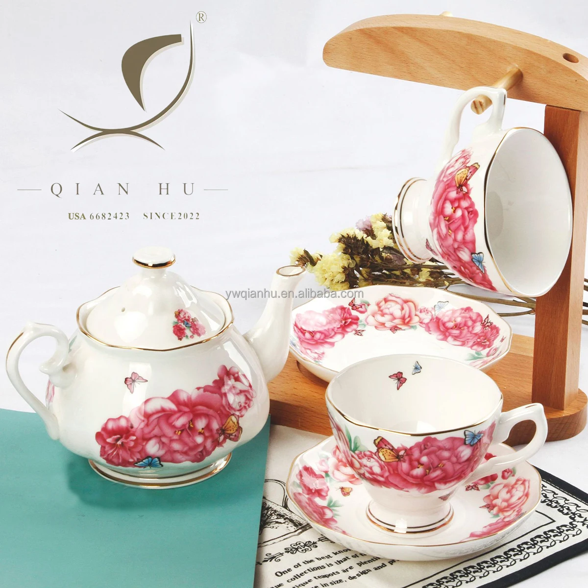 QIAN HU European Bone China Retro Porcelain Tea Pot and Cup Set