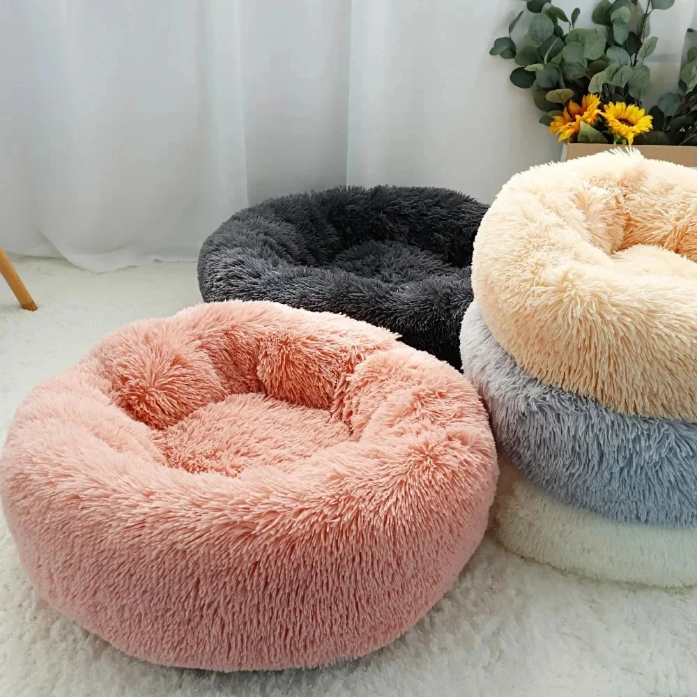Pet cushion plush soft donut dog bed accessories washable calming sofa camas para perros large custom luxury cat dog pet bed