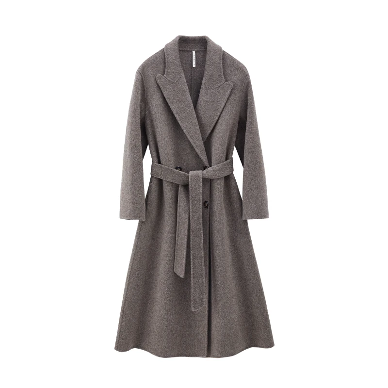 Gray Color Notched Collar Long Sleeve Sashes Casual Fashion Women Long Trench Coat