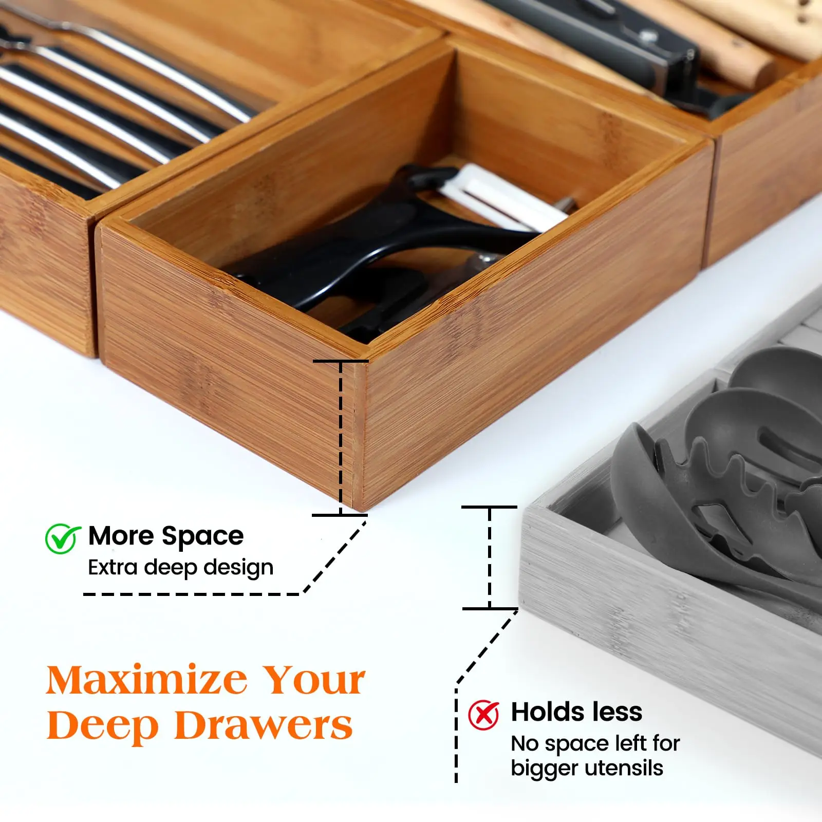 product bamboo drawer organizer 4 piece set carbonized non slip extra deep kitchen cutlery utensil storage tray silverware knife holder-5