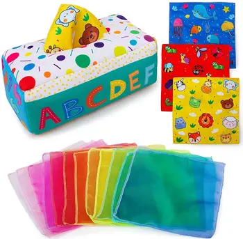 HOT selling My First Baby Tissue Box Soft Stuffed High Contrast Crinkle Montessori Square Sensory Toys Juggling Rainbow Dance