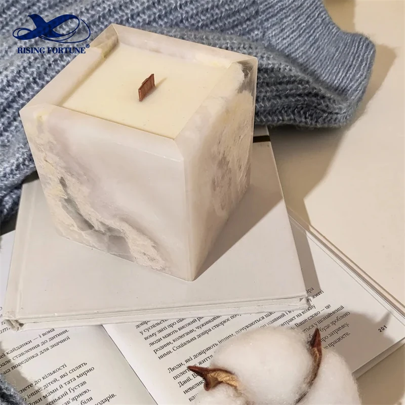 white marble square candle jar