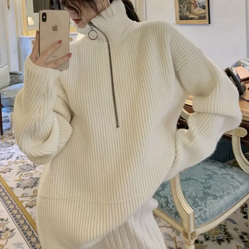 EasyGarment 2021 Spring Autumn Casual Women 2 Piece Set Turtleneck Pullover Sweater Wide Leg Rib Pants Female Knit Tracksuit