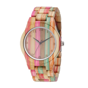 TJW Luxury Men's Sport Watch Customizable 42mm Round Bamboo Wood Case Colorful Quartz with 22mm Fashion Coin Band