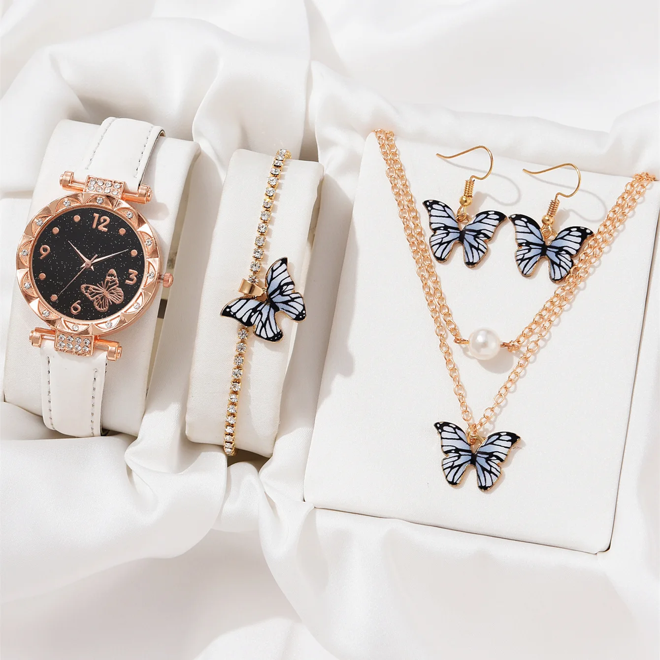 2pc Elegant Chic Women\'s White Quartz Wrist Watch & Butterfly Bracelet Gift Set Luxury Women main image 3