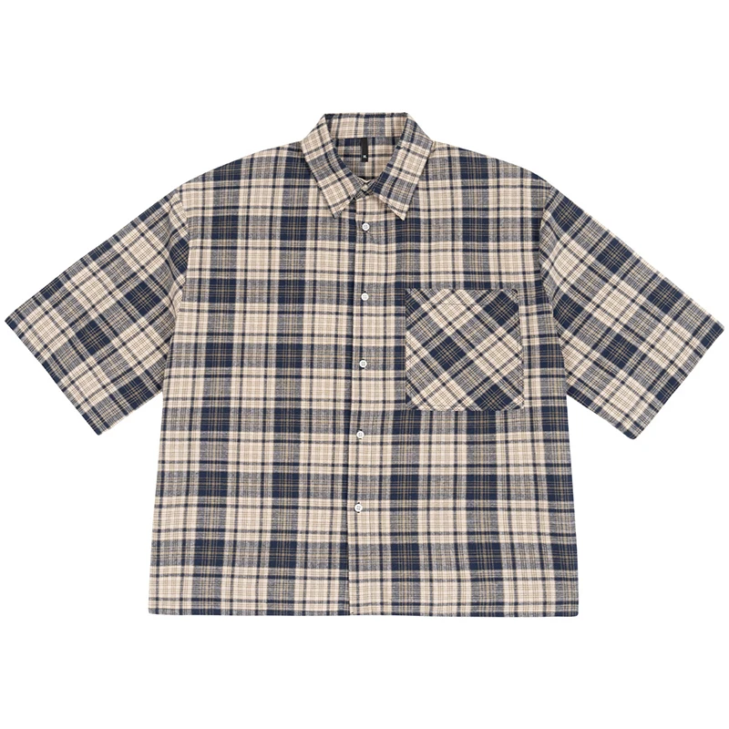 High Quality Cotton Boxy Cropped Short Sleeve Plaid Shirt Casual Fashion Cropped Check Button up Shirt for Men High Quality Cotton Boxy Cropped Short Sleeve Plaid Shirt Casual Fashion Cropped Check Button up Shirt for Men