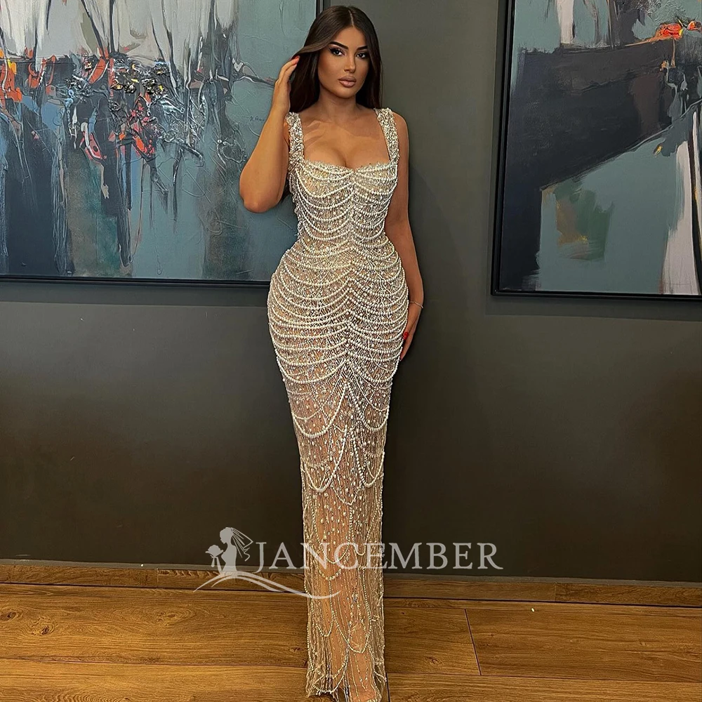 Arabic Nude A-Line Midi Straps Beaded Evening Dresses Gowns 2025 For Women Wedding Party LA71911