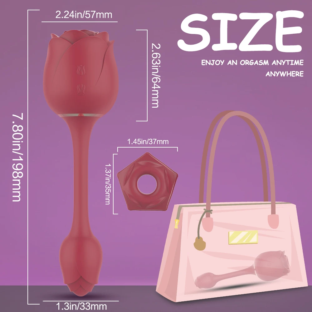 Woman Colorful Red Pink 2 in 1 Rose Shaped Long Clitoral Vagina Suction  Sucking Vibrating Sex Toy Dildo Rose Vibrator