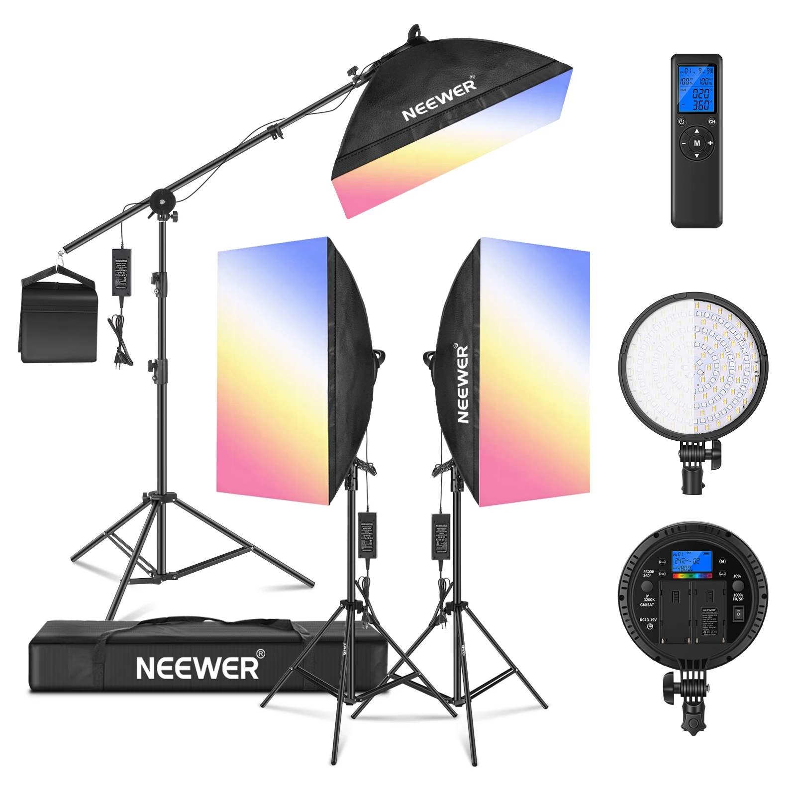 Neewer RGB LED Softbox Lighting Kit - 3-Pack 48W Dimmable Lights