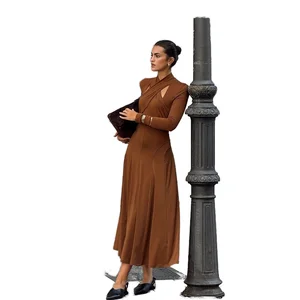 Women Elegant Brown Halter Draped Ruffles Hollow Out Fold Long Sleeve A-Line Maxi Solid Formal Evening Party Sexy