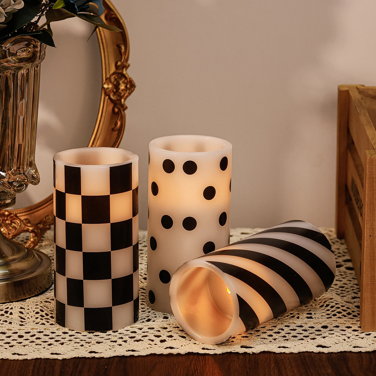 Paraffin flameless LED candle with black white checkered stripe and polka dot pattern customizable pattern home decor