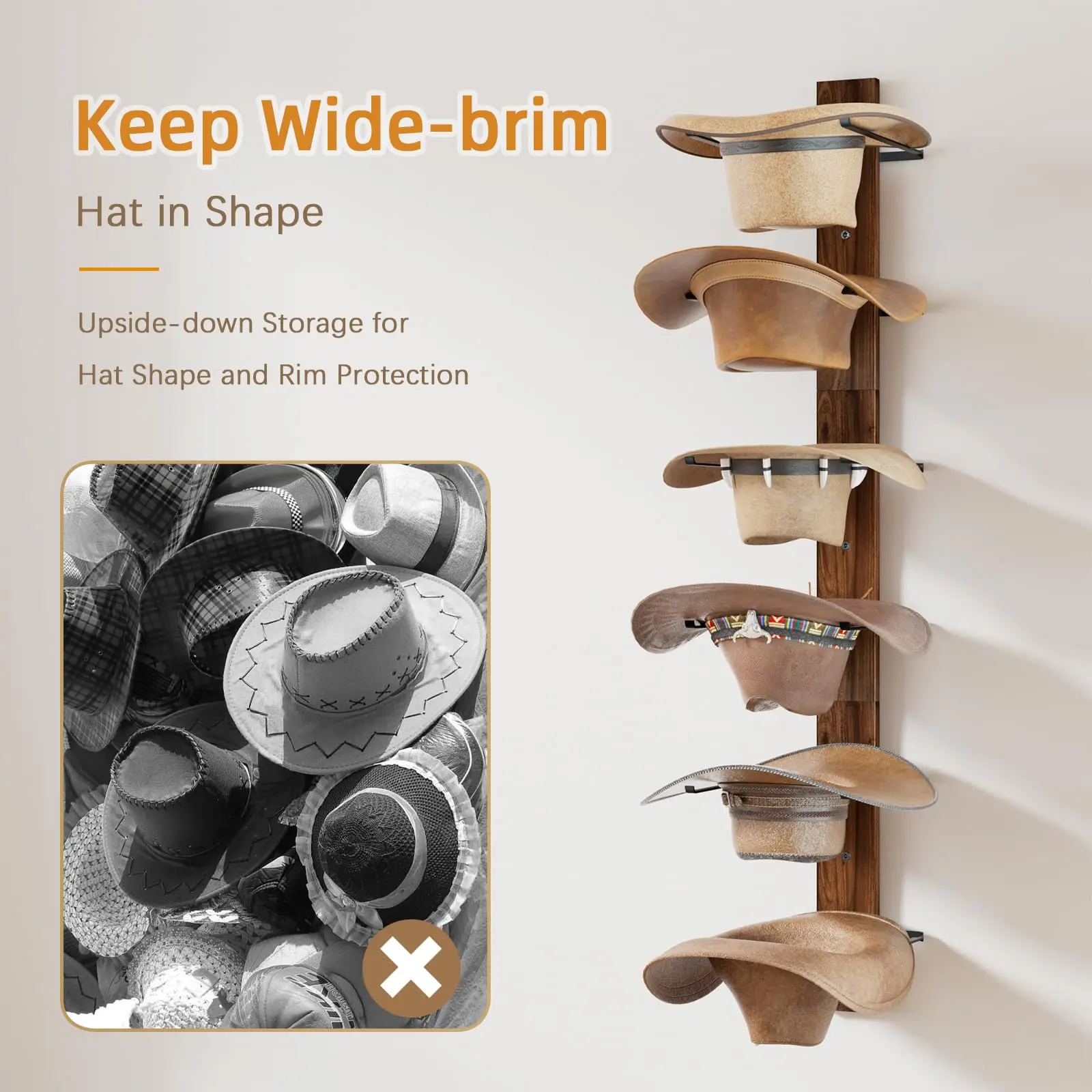 product wall mounted cowboy hat rack 6 tier wooden hat hanger for western hats caps accessories hat holder large brim hat organizer-7