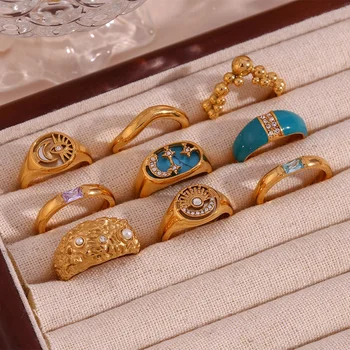 Colorful Jewelry Set PVD Gold Plated Ring Set Birth Stone Enamel 18k Gold Plated Stainless Steel Jewelry