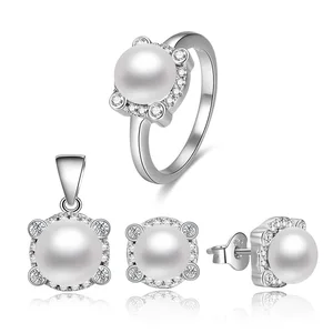 Engagement 925 Sterling Silver Jewelry Sets Aaa Cubic Zirconia Rhodium Plated Freshwater Pearl Luxury Jewelry Set