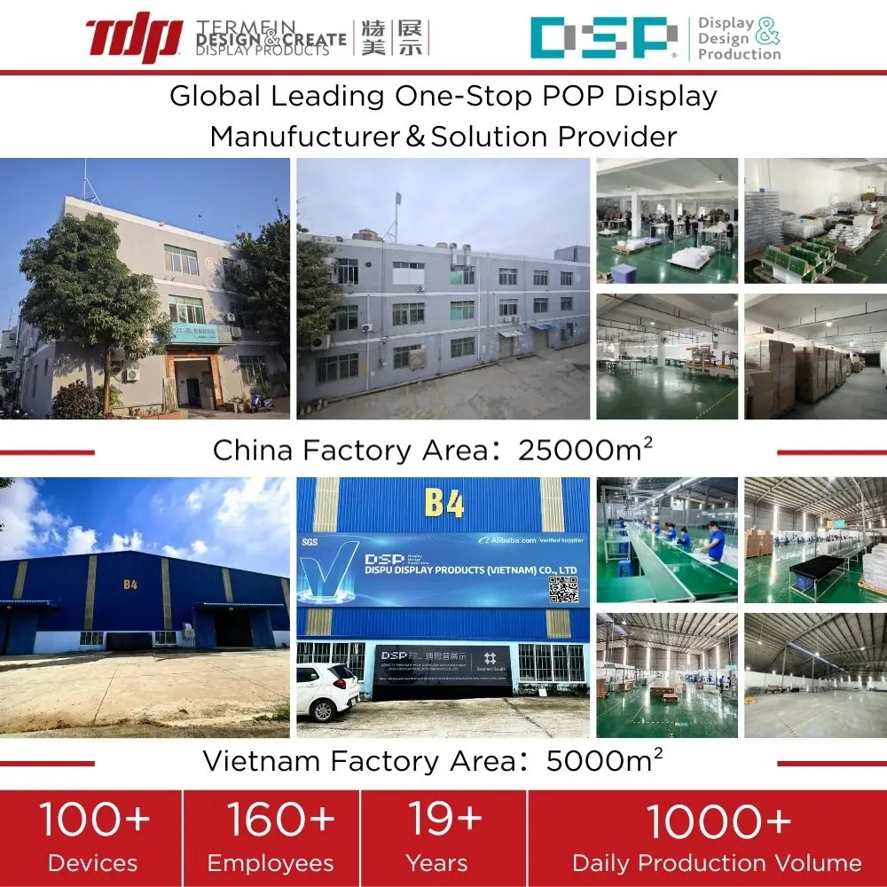 Inside view of advanced automated cosmetic merchandising display factory floor showing dual-facility production infrastructure and CNC machinery lines