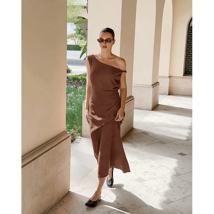 Women's Summer French Elegant Brown Cotton Linen Dress Off Shoulder High Waist Asymmetric Neck A-line Long Maxi Dress