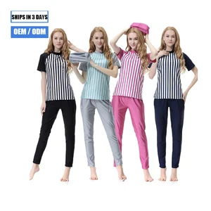 Custom Traditional Short-sleeved Muslim Striped Burkinis Conservative Three-piece Suit with Pants Front Logo Anti-UV Breathable