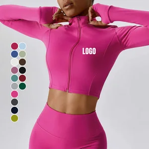Custom Logo Women's Quick Drying Breathable Yoga Jacket Solid Color Lightweight Slim-Fit Zipper Gym Jacket with Thumb Holes