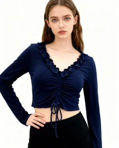 High Quality V Neck Ruffle Scalloped Edges Tie Ruched Shirring Design on the Front Elegant Women Crop Tops