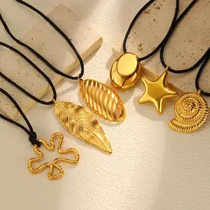 Trendy Ocean Style Waterproof Stainless Steel 18k Gold Plated Pendant Necklace Geometric Conch Heart Leaf Rope Necklace