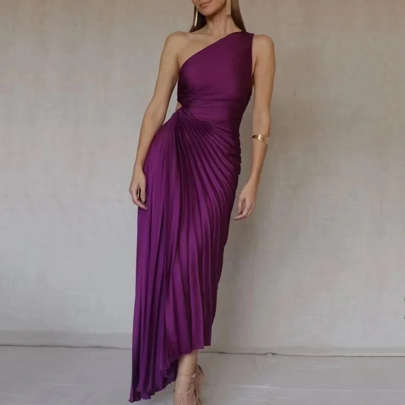 One Shoulder Purple Dresses Ruffles High Waist Irregular Sexy Ladies  Evening Wedding Event Occasion Party Gowns for Women Autumn