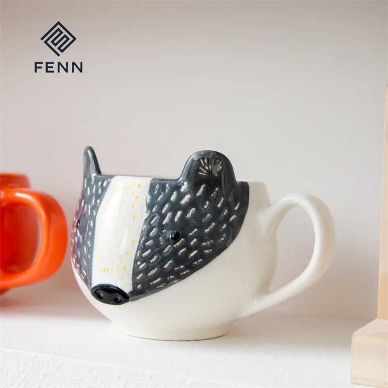 FENN Cute Coffee Mug Cartoon Cute Fox Cat Cow Novelty Water Cup Hand-Painted Ceramic Novelty Mugs Wholesale Ceramic Mug Custom