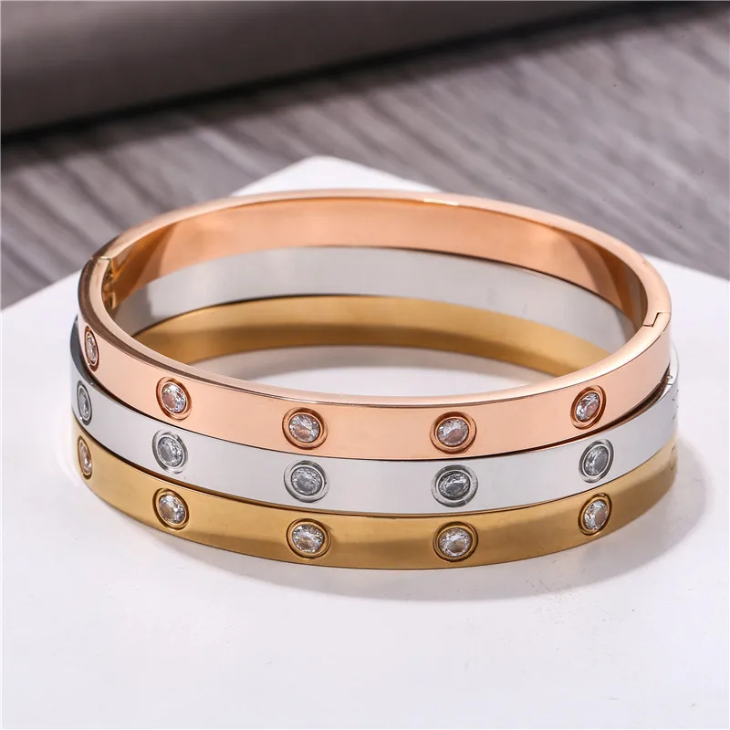 Gold Plated Paved Rhinestone Stainless Steel Bangle Bracelet Dainty Minimalist Jewelry for Men Gift Wholesale Supplies