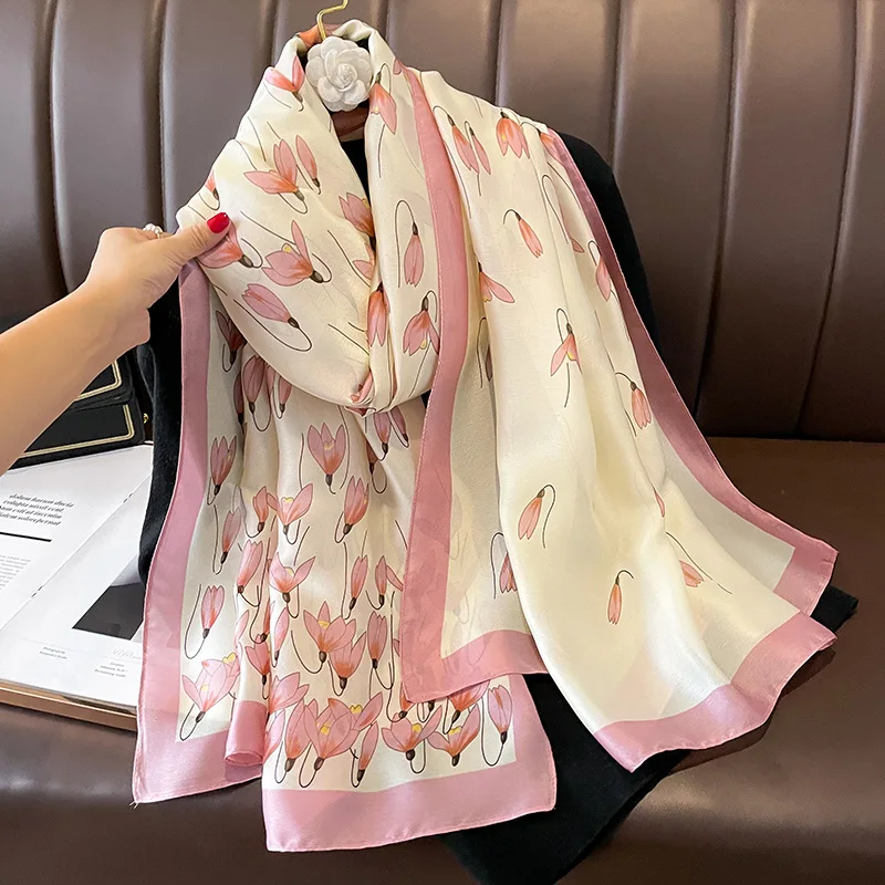 Wholesale Hot Sale Long Large Silk Scarfs for Women Stylish Hijabs Luxury  Ladies Brand Designer Printed Silk Scarves Shawls