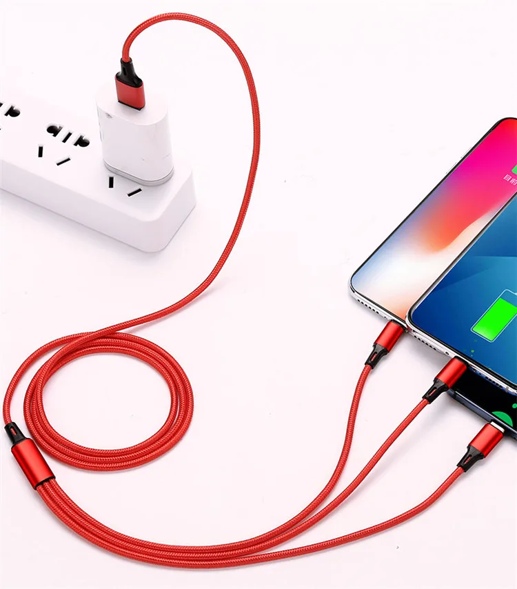 Hot sell 3 In 1 Micro USB Type C Charger Cable Multi Usb Port nylon  braid Usb Charging Cable  For Mobile Phone Cables