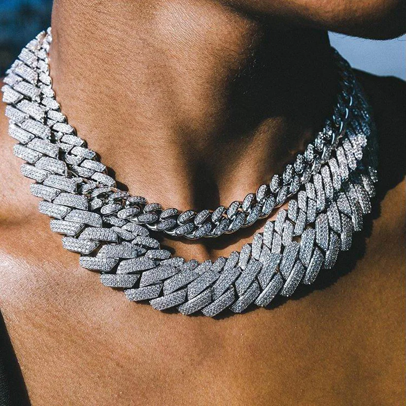 Iced Out Bling 19mm CZ Cuban Link Chain Necklace Silver Plated
