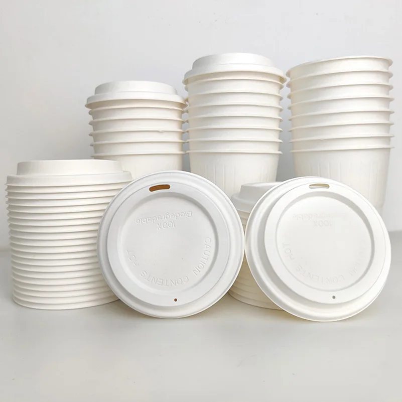 Paper Cover Biodegradable Lids 80mm For To Go Drinks Compostable Eco Hot Drink Bagasse Cup Flat Lid