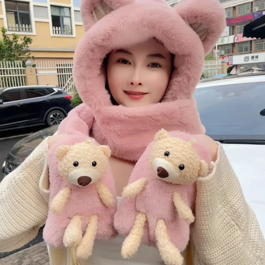 Bear Hat & Gloves Scarf Set Korean Cute Women display picture 3