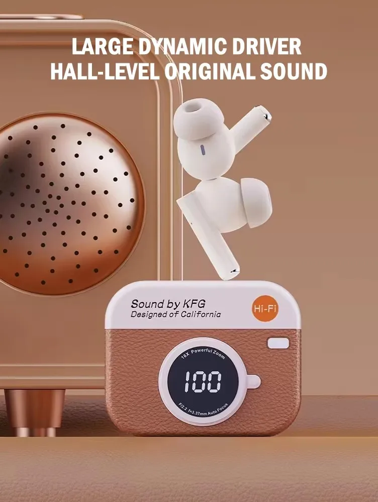 X73 Retro Camera Leather Grain Design Wireless Earbuds Semi-In-Ear Earphones With Screen Digital Display and Gaming Low Latency