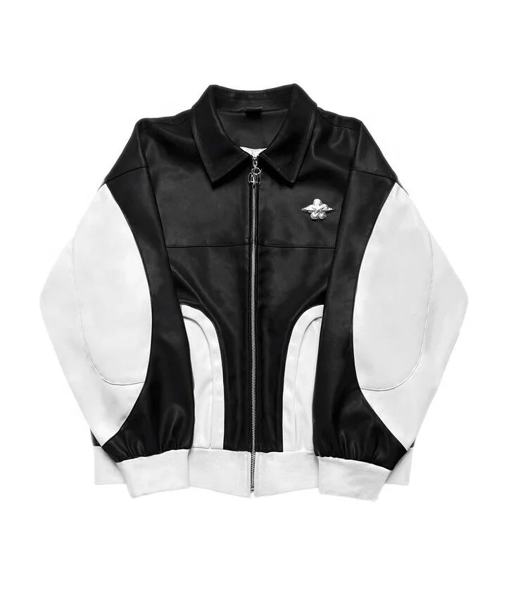 Custom Two Tone Color Polyester Blank Full Zip up Oversized Streetwear Letterman Bomber Varsity Pu Leather Jackets Men gallery 3