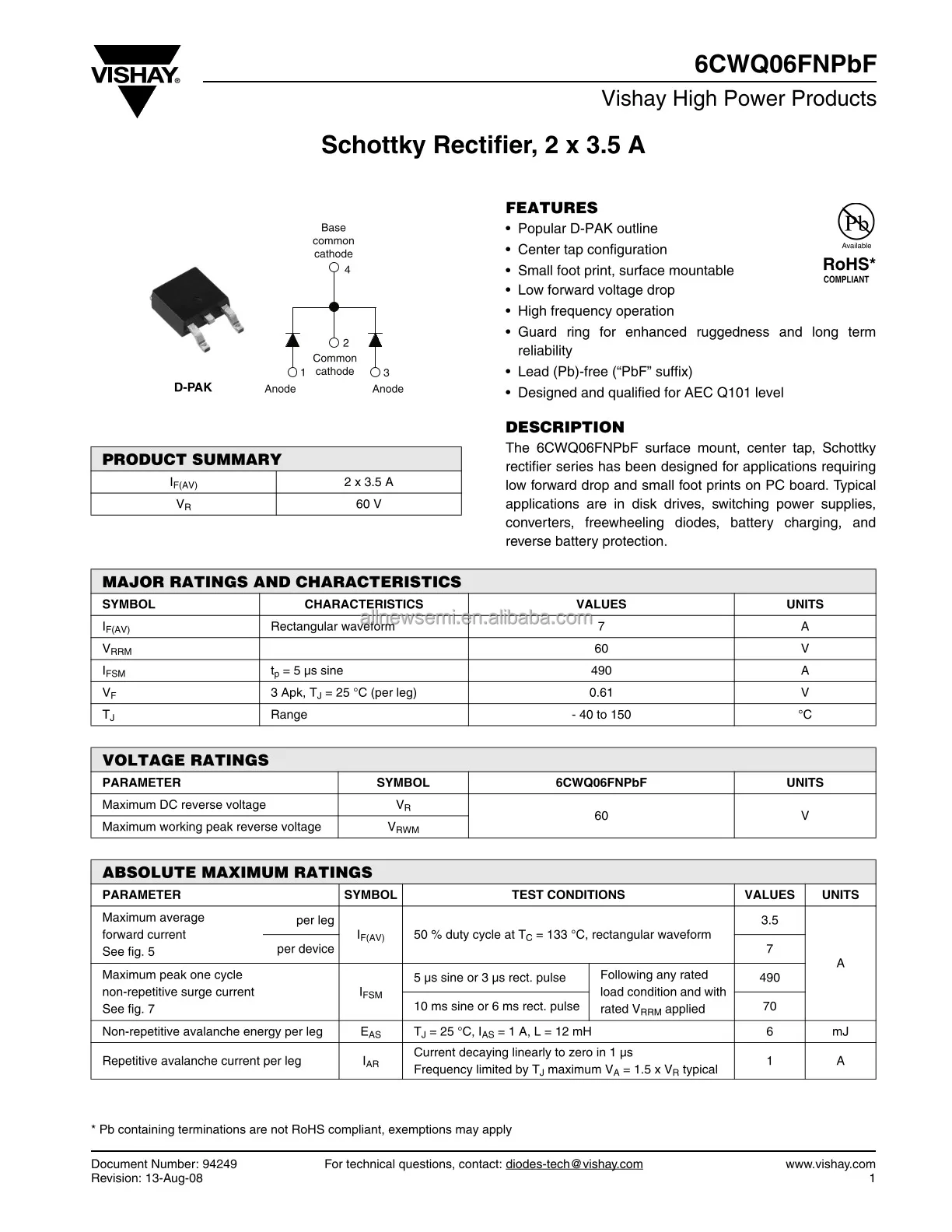 Hot sale Original 6CWQ06FNPBF Rectifier Diode Schottky 1 Phase 2 Element 7A 60V V(RRM) Silicon SIMILAR TO TO-252AA DPAK-3 Diodes