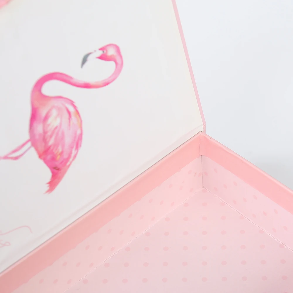 product customized book shaped box pink special paper gift boxes flamingo design logo custom rigid flip box with ribbon for perfume-48